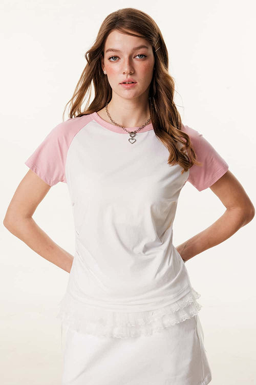 Women's Ruched Colorblock Raglan Tee - White And Pink