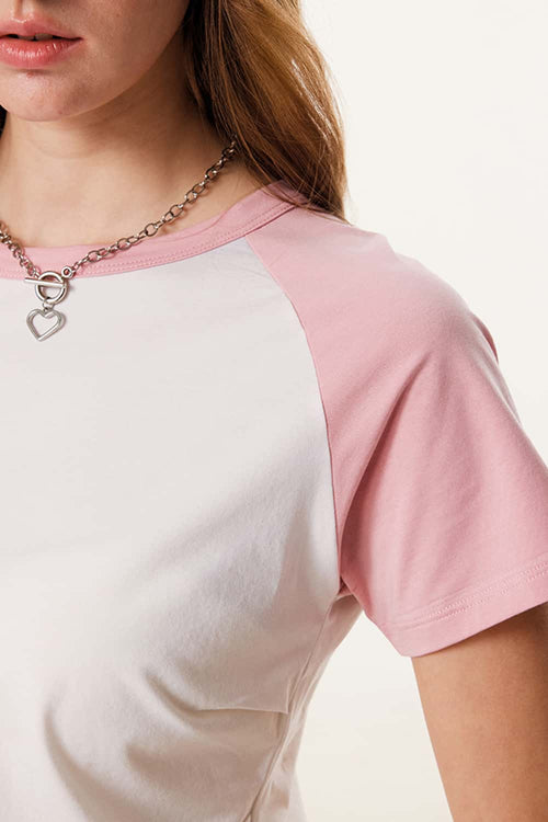 Women's Ruched Colorblock Raglan Tee - White And Pink
