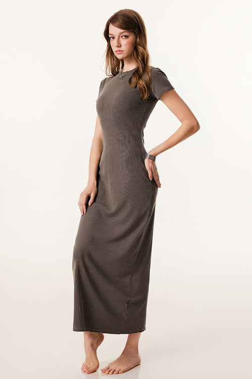 Slim-Fit Side-Slit Midi Dress - Coffee