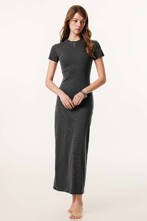Slim-Fit Side-Slit Midi Dress - Dark Gray