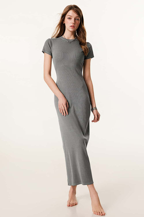 Slim-Fit Side-Slit Midi Dress - Medium Gray