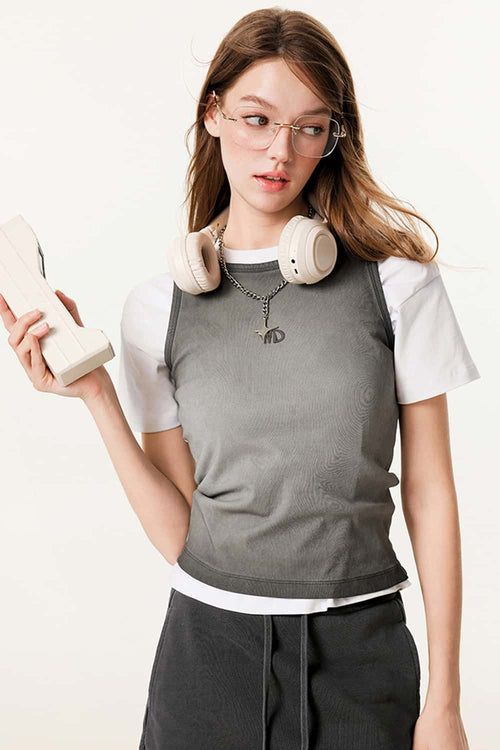 Embroidered Slim Fit Sleeveless Tank - Dark Gray