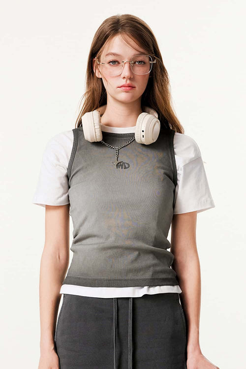 Embroidered Slim Fit Sleeveless Tank - Dark Gray
