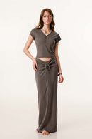 Women's Button V-Neck Short Sleeve Tee - Coffee