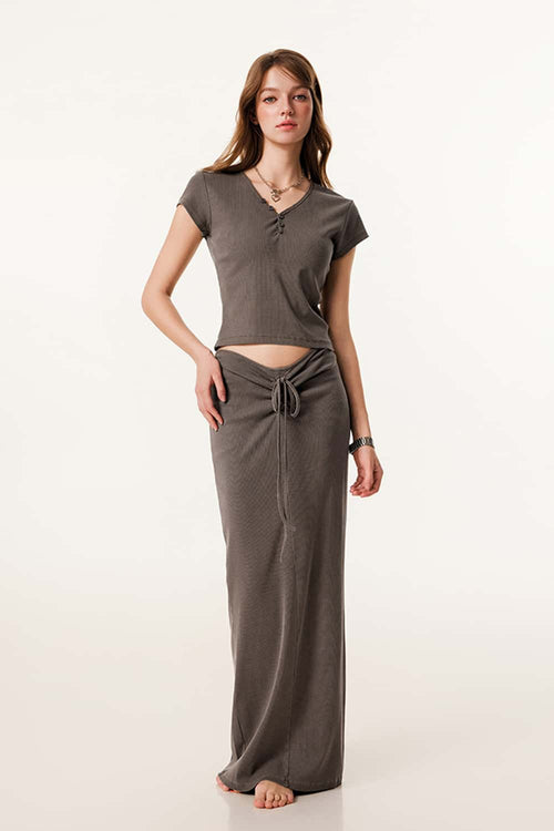Women's Button V-Neck Short Sleeve Tee - Coffee