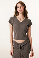 Women's Button V-Neck Short Sleeve Tee - Coffee