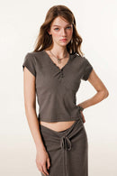 Women's Button V-Neck Short Sleeve Tee - Coffee