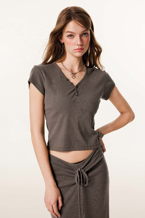 Women's Button V-Neck Short Sleeve Tee - Coffee