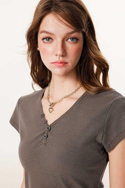 Women's Button V-Neck Short Sleeve Tee - Coffee