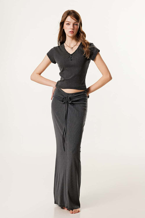 Women's Button V-Neck Short Sleeve Tee - Dark Gray