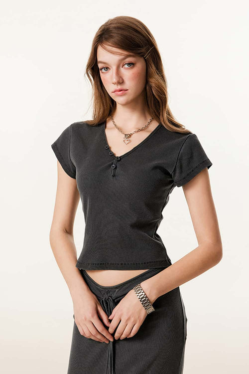 Women's Button V-Neck Short Sleeve Tee - Dark Gray