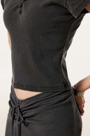 Women's Button V-Neck Short Sleeve Tee - Dark Gray
