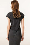 Women's Button V-Neck Short Sleeve Tee - Dark Gray