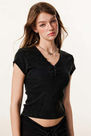 Women's Button V-Neck Short Sleeve Tee - Fried Snowflakes