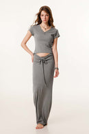 Women's Button V-Neck Short Sleeve Tee - Medium Gray