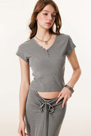 Women's Button V-Neck Short Sleeve Tee - Medium Gray