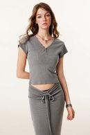 Women's Button V-Neck Short Sleeve Tee - Medium Gray