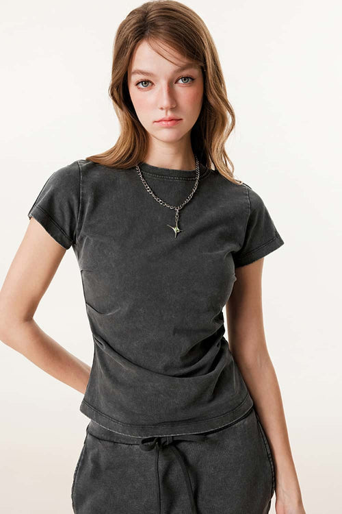 Vintage Washed Cinched Waist Tee - Dark Gray