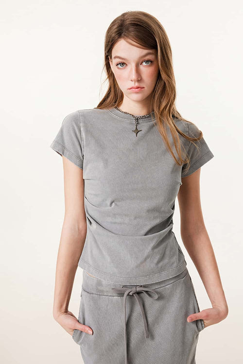 Vintage Washed Cinched Waist Tee - Medium Gray