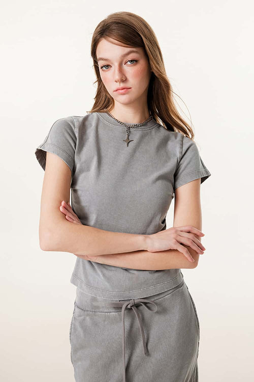 Vintage Washed Cinched Waist Tee - Medium Gray