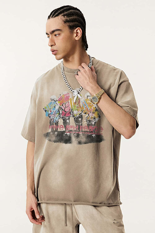 Distressed Painterly Graphic Tee - Vintage Khaki