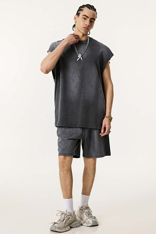 Vintage Distressed Breathable Active Muscle Tank - Dark Gray