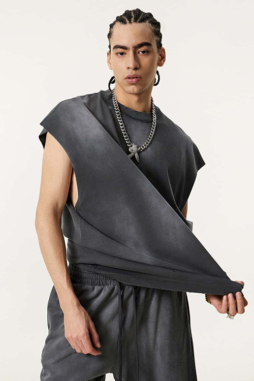 Vintage Distressed Breathable Active Muscle Tank - Dark Gray