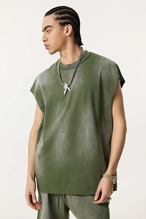 Vintage Distressed Breathable Active Muscle Tank - Vintage Army Green