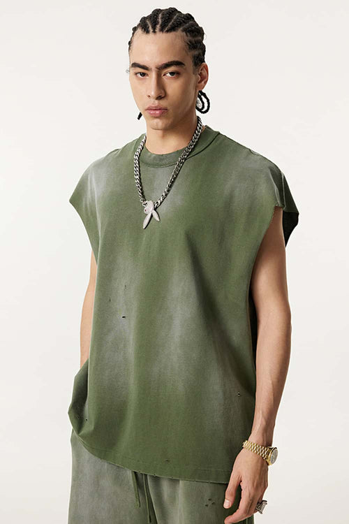 Vintage Distressed Breathable Active Muscle Tank - Vintage Army Green