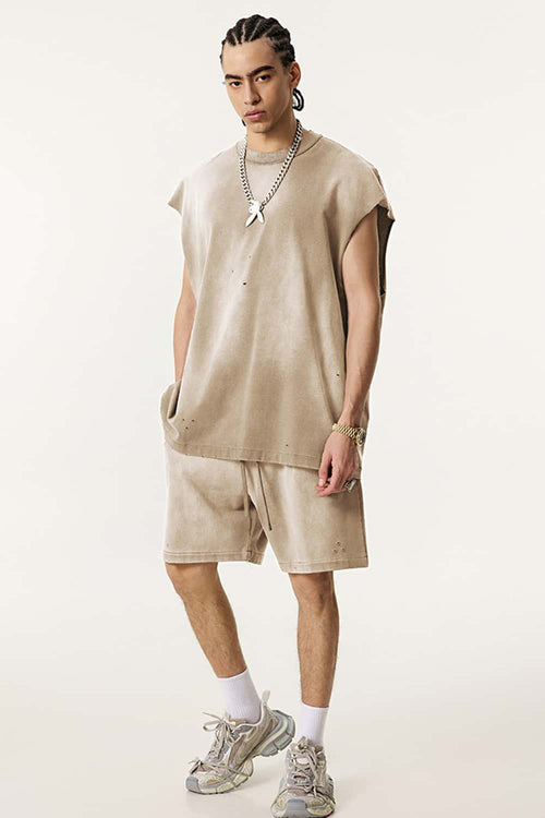 Vintage Distressed Breathable Active Muscle Tank - Vintage Khaki