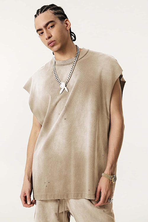 Vintage Distressed Breathable Active Muscle Tank - Vintage Khaki