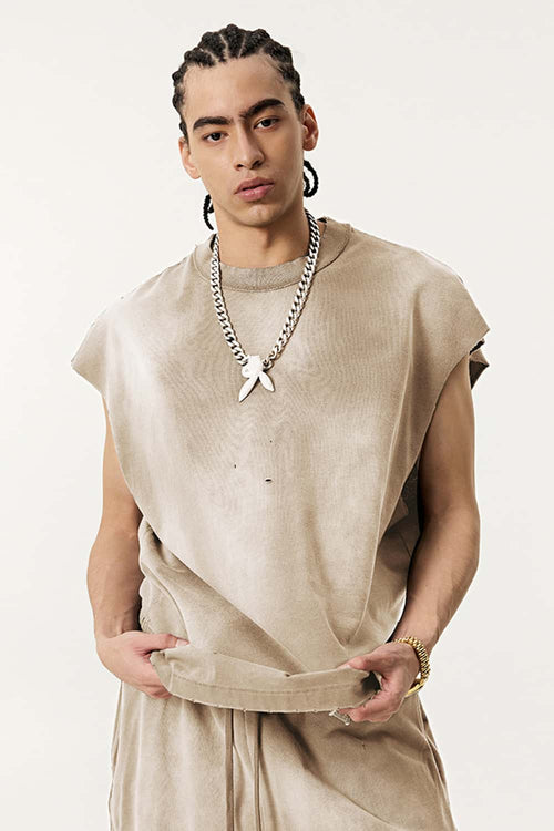 Vintage Distressed Breathable Active Muscle Tank - Vintage Khaki
