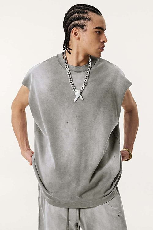 Vintage Distressed Breathable Active Muscle Tank - Vintage Medium Gray
