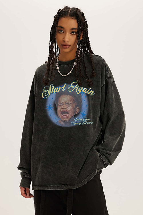 Vintage Washed Graphic Long-Sleeve Tee - Fried Snowflakes