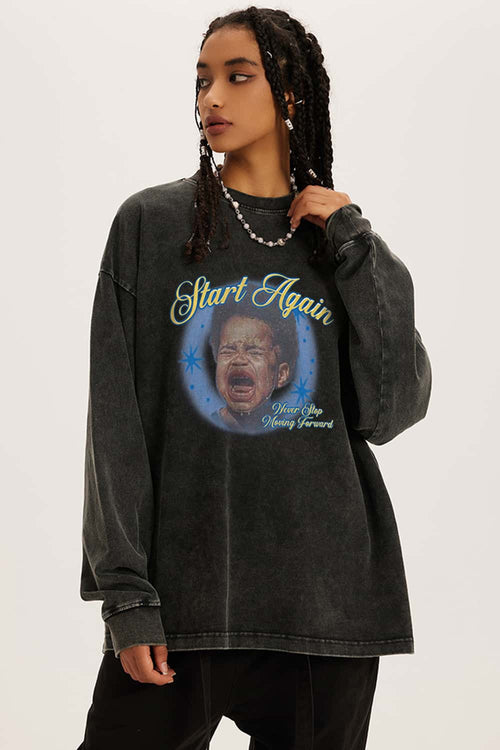 Vintage Washed Graphic Long-Sleeve Tee - Fried Snowflakes