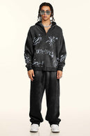 Graphic Fleece Zip-Up Hoodie - Black