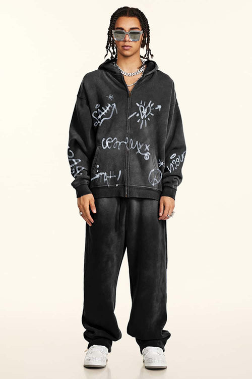 Graphic Fleece Zip-Up Hoodie - Black