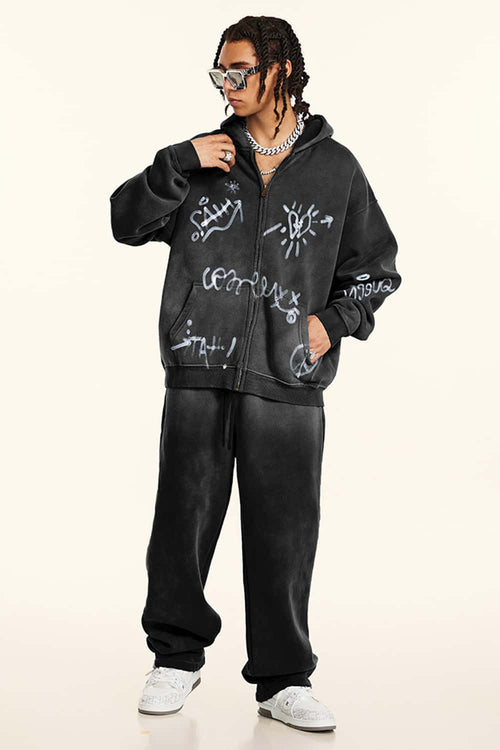 Graphic Fleece Zip-Up Hoodie - Black