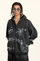 Graphic Fleece Zip-Up Hoodie - Black