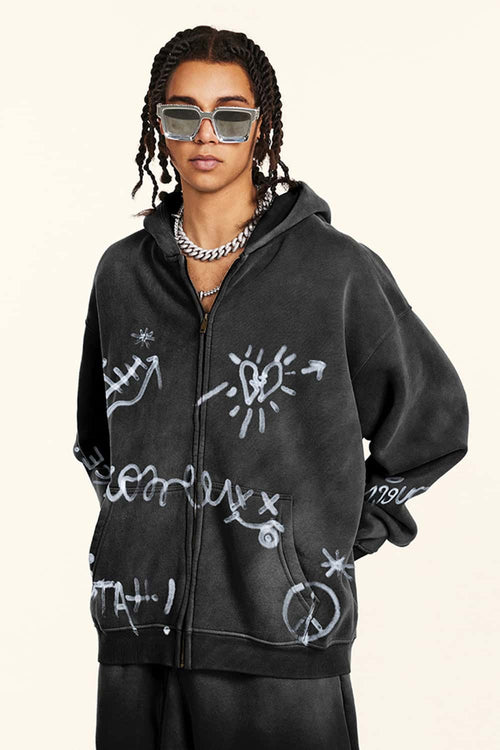 Graphic Fleece Zip-Up Hoodie - Black