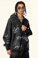 Graphic Fleece Zip-Up Hoodie - Black
