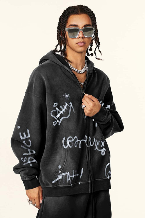 Graphic Fleece Zip-Up Hoodie - Black