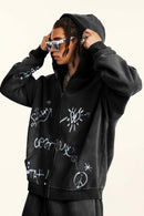 Graphic Fleece Zip-Up Hoodie - Black