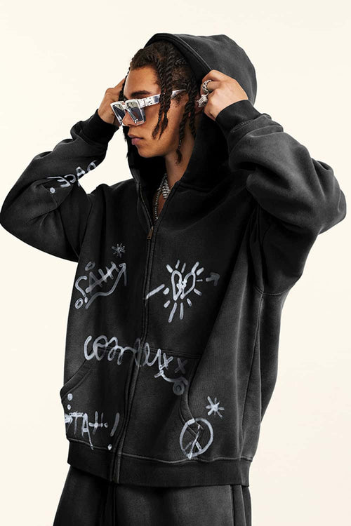 Graphic Fleece Zip-Up Hoodie - Black