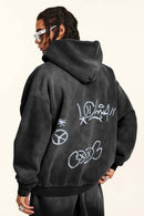 Graphic Fleece Zip-Up Hoodie - Black