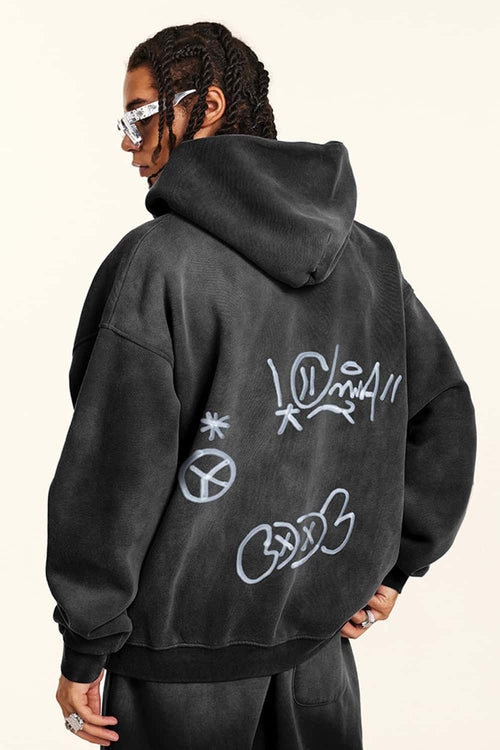 Graphic Fleece Zip-Up Hoodie - Black