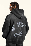 Graphic Fleece Zip-Up Hoodie - Black