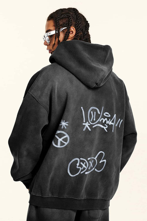 Graphic Fleece Zip-Up Hoodie - Black