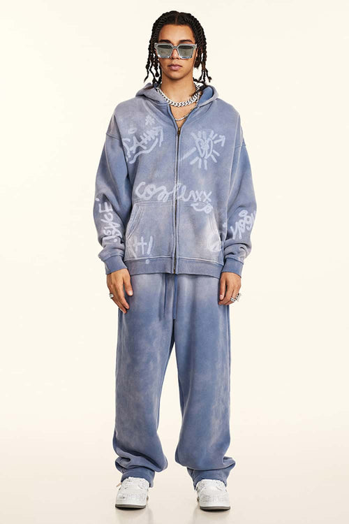Graphic Fleece Zip-Up Hoodie - Blue