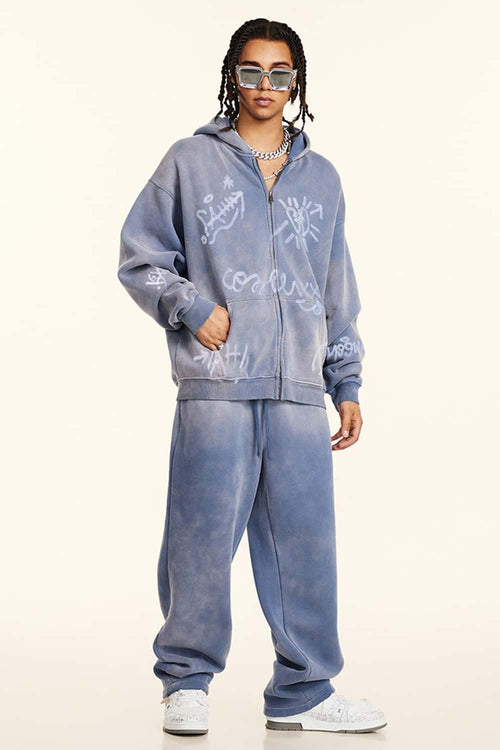 Graphic Fleece Zip-Up Hoodie - Blue